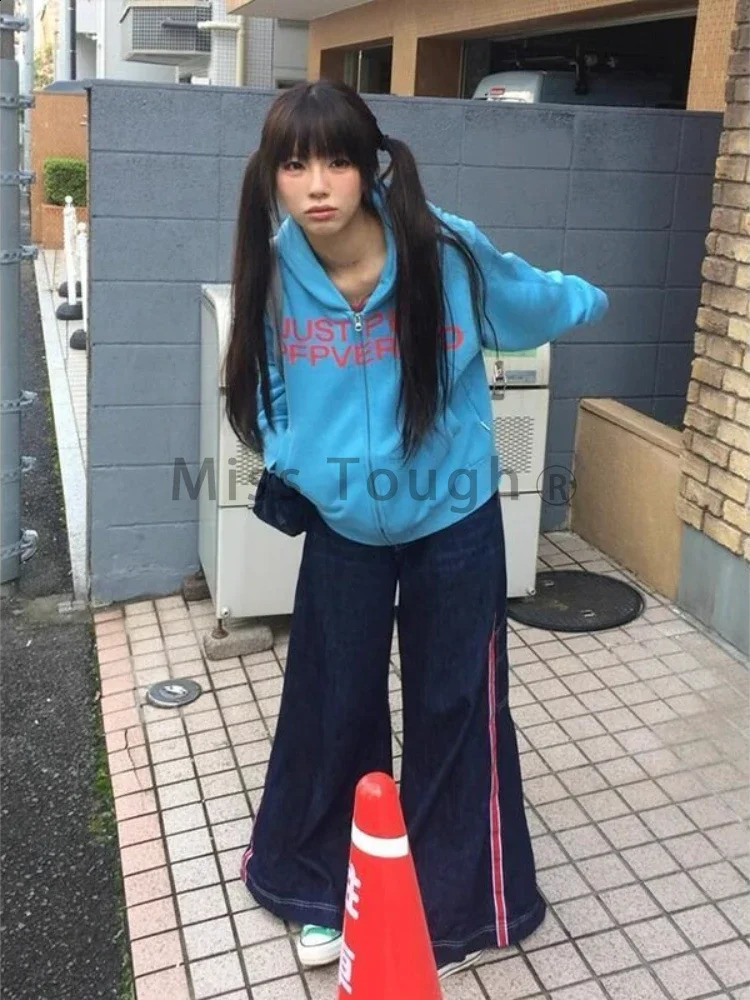 American Hooded Sweet Sweatshirt Women Chic Letter Print Blue Zipper Cardigan Jacket Y2k Casual Loose Tops Streetwear 250804