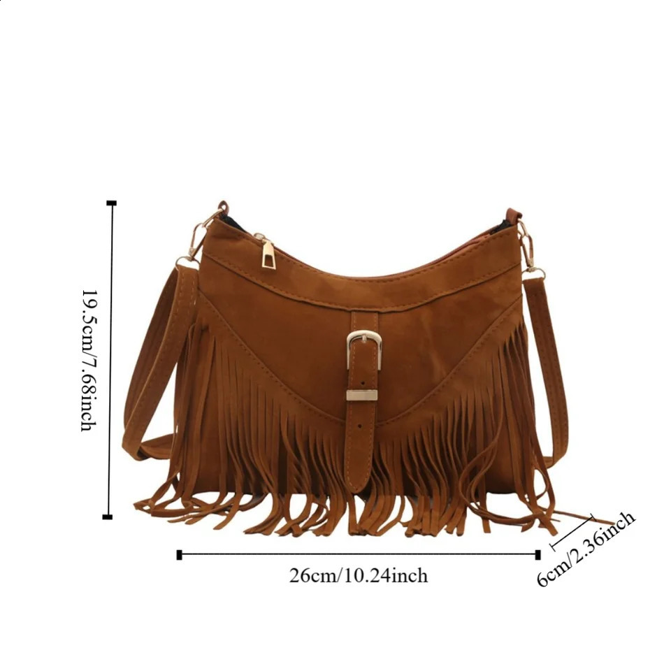 Casual Korean Style Tassel Shoulder Bag Solid Color PU Leather Suede Handbag Ethnic Style Bohemian Style Underarm Packs Travel 250807