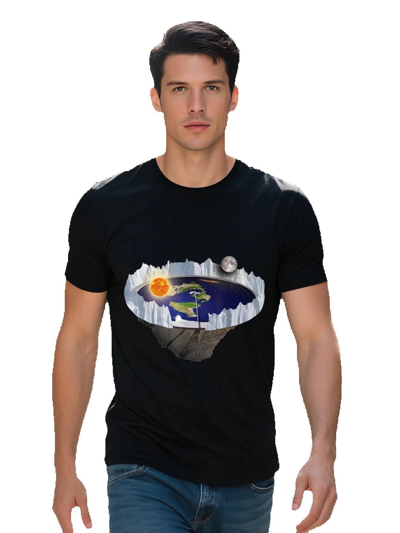 Men s g Cotton T Shirt with Flat Earth Ice Wall Graphic Black Short Sleeve Tee Digital Art Regular Fit for 140c4 163f5