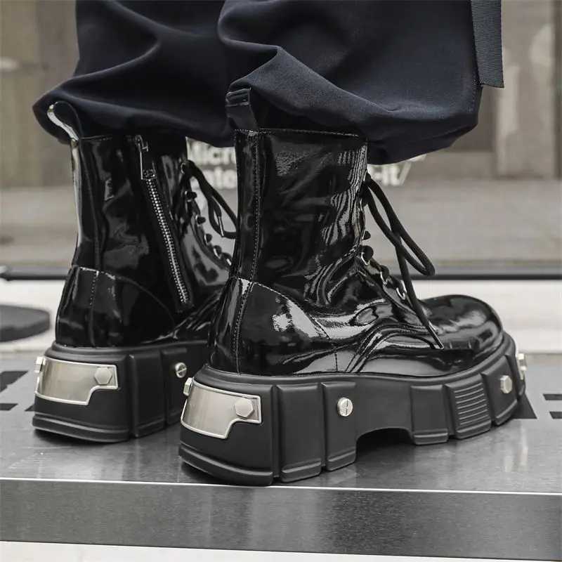 2025 Mens High Top British Style Thick Bottom Increased Bright Leather Black Motorcycle Round Toe Side Zipper Punk Boots Women W250811