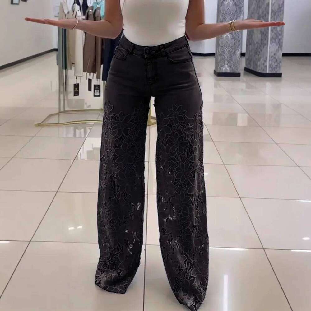 Crochet Hollow Out Flower Jean Women Pants Baggy Zipper Pocket Button Straight Leg Trousers 2025 Summer Elagant Y2k Lady Outwear