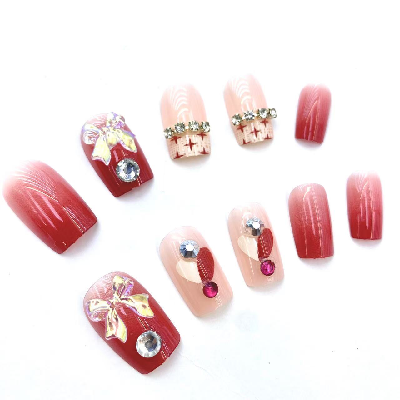 Fake Nails 10pcs Short Square Red Ombre Nude Pink 3D Bow Rhinestone Heart Cross-Stitch Detachable Full Cover Press On DIY Handmade press on nails