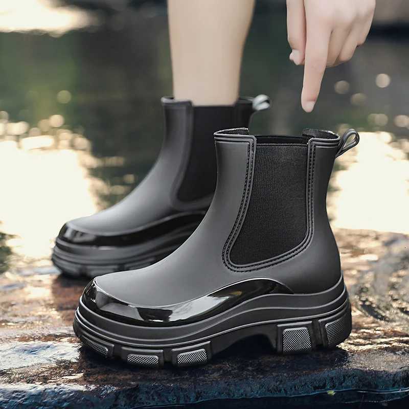 Martin Rain Boots for Women Fashionable Short-Tube Waterproof Shoes for Outdoor Wear New Mid-Tube Chelsea Waterproof Anti-Slip Rain Boots for Women W2