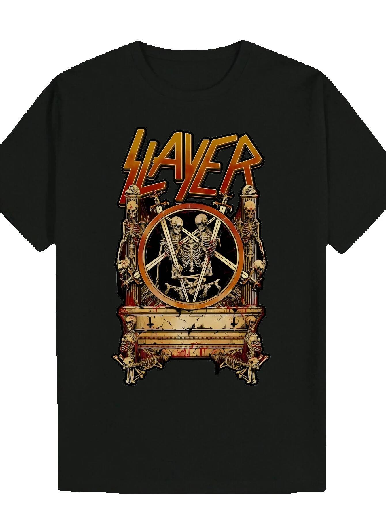 Men's Black Casual Pattern T-Shirt - Edge Skull and Pentagram Print, Breathable Polyester, Crew Neck Summer T-Shirt, Machine Washable Regular Fit