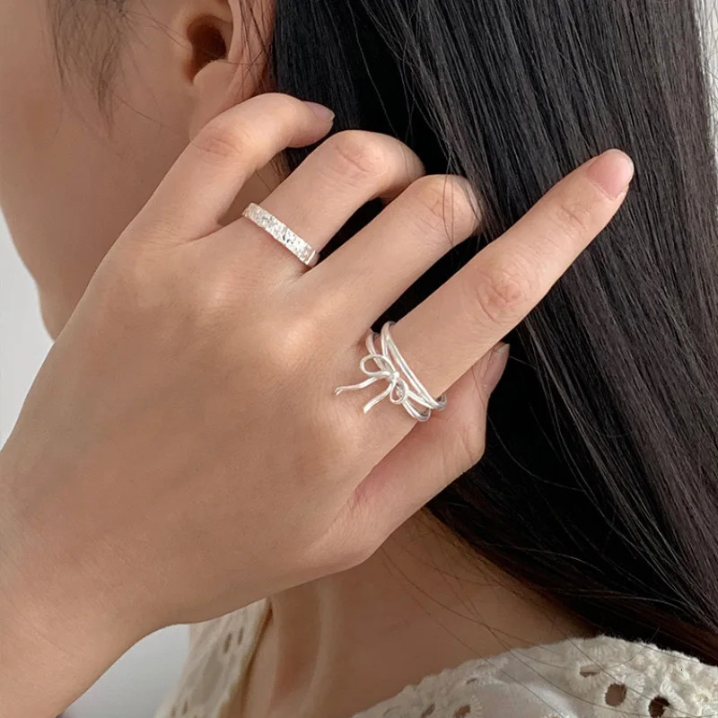 925 Sterling Silver Simple Ring For Women Fine Jewelry Finger Adjustable Open Vintage Tassel Bow Ring For Party Birthday Gift 250805