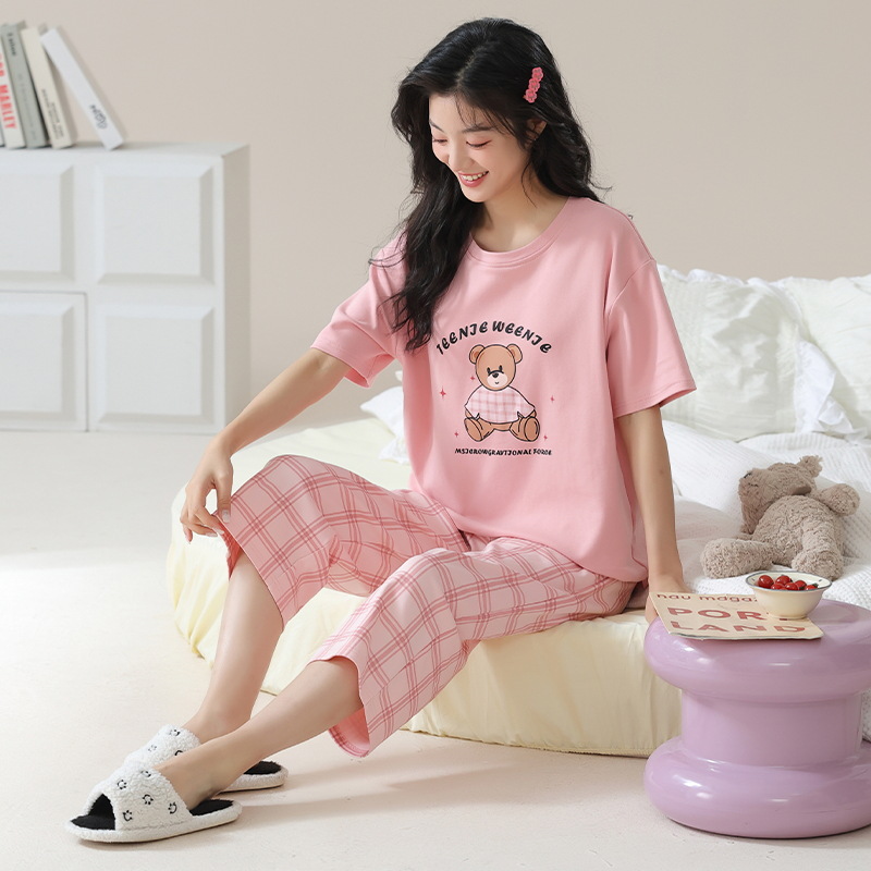 B1014-Pure cotton pajamas women's spring and summer short-sleeved cropped pants thin home clothes sweet and cute ladies cotton suit