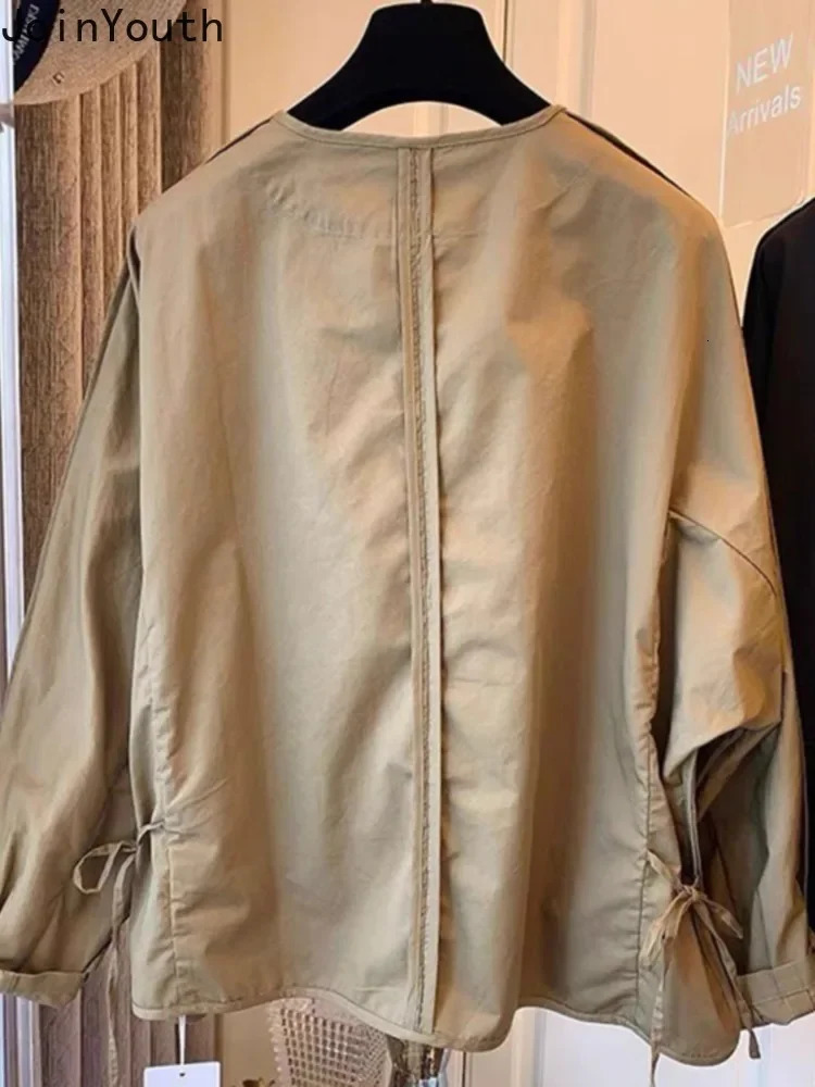 Trench Coat for Women Solid Color Oneck Long Sleeve Loose Outwear Ropa Mujer Casual Pockets Fashion Korean Vintage Jackets 250809