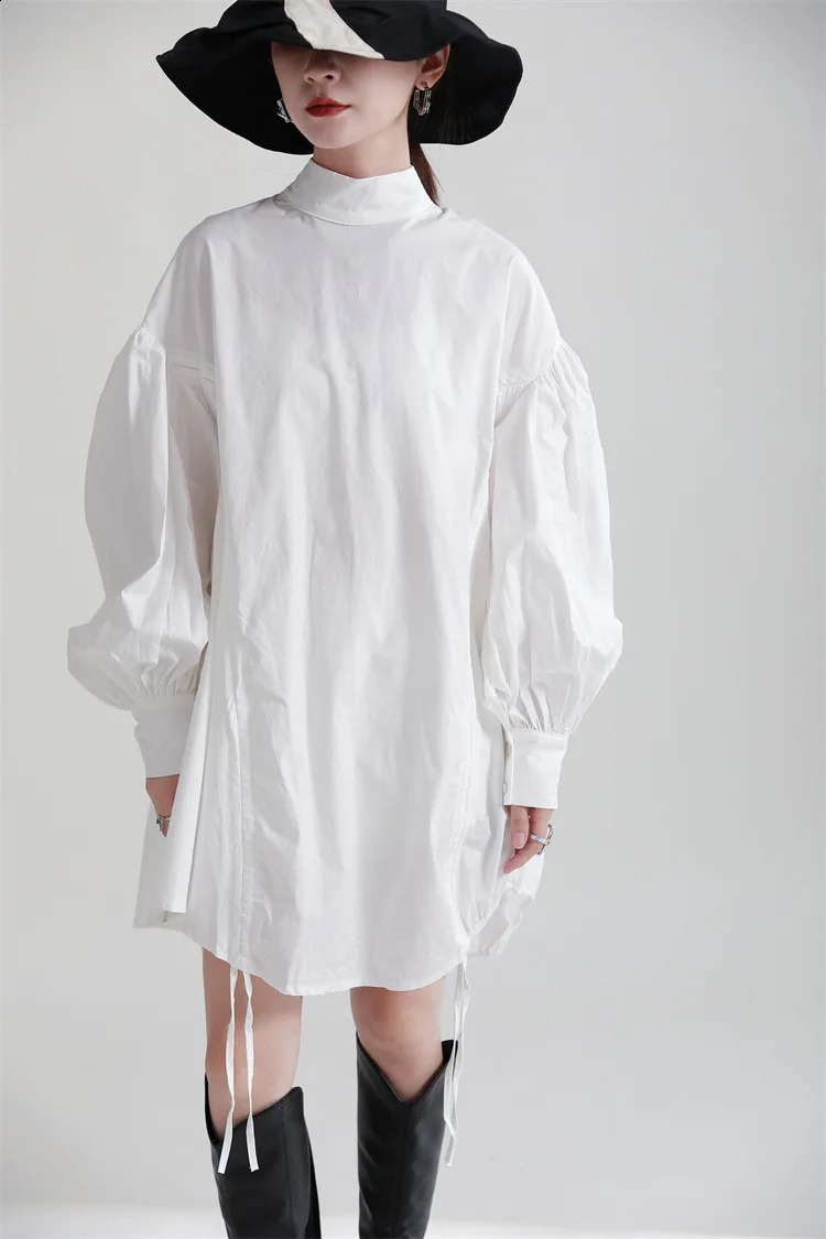 2025 Women Irregular Drawstring Big Size White Blouse Stand Collar Long Sleeve Shirt Fashion Spring Autumn 250806
