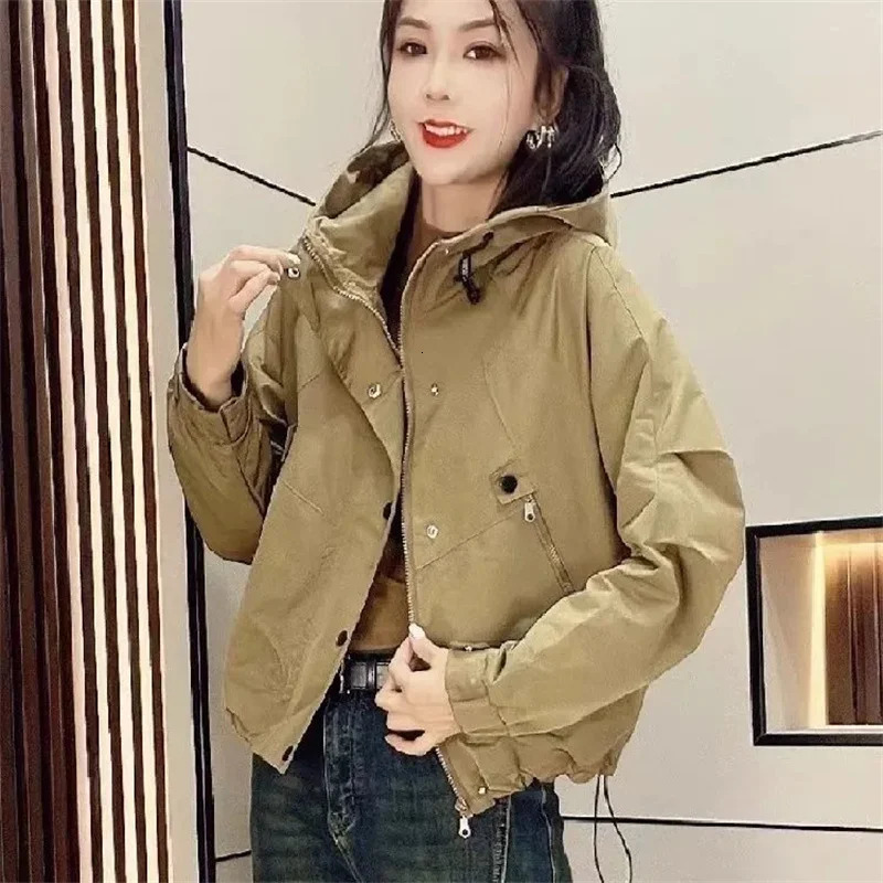 Female Jacket Spring Autumn Style Hooded Trench Coat Zipper Korean Fan Loose Tooling Windbreaker Outerwear Womens Tops 250809