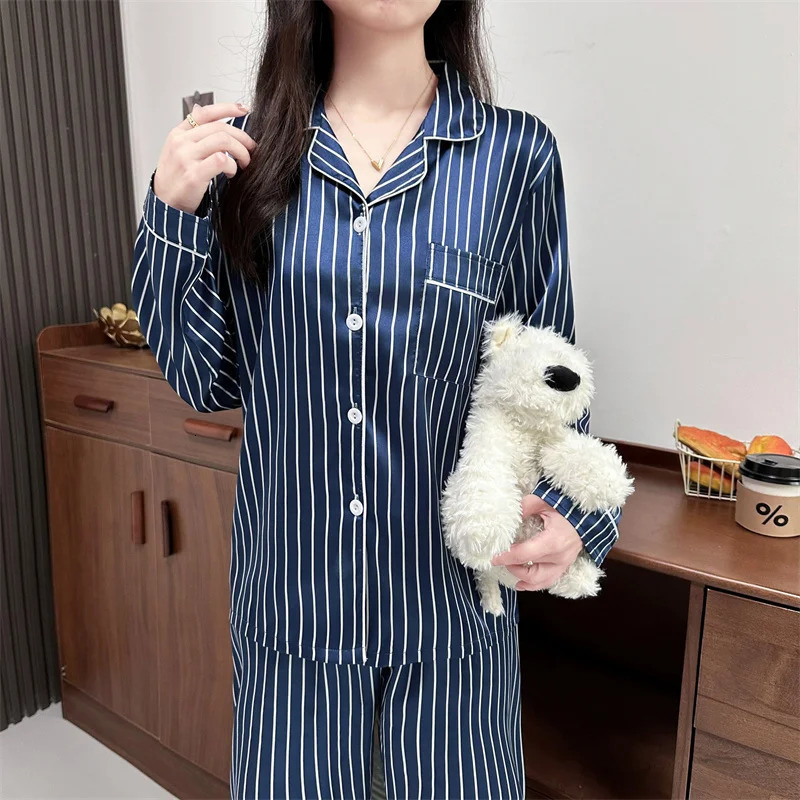 Vintage Striped Lapel Neck n Pajamas Woman Spring Casual Outside Womens Set Simple Trendy Sleepwear 250811