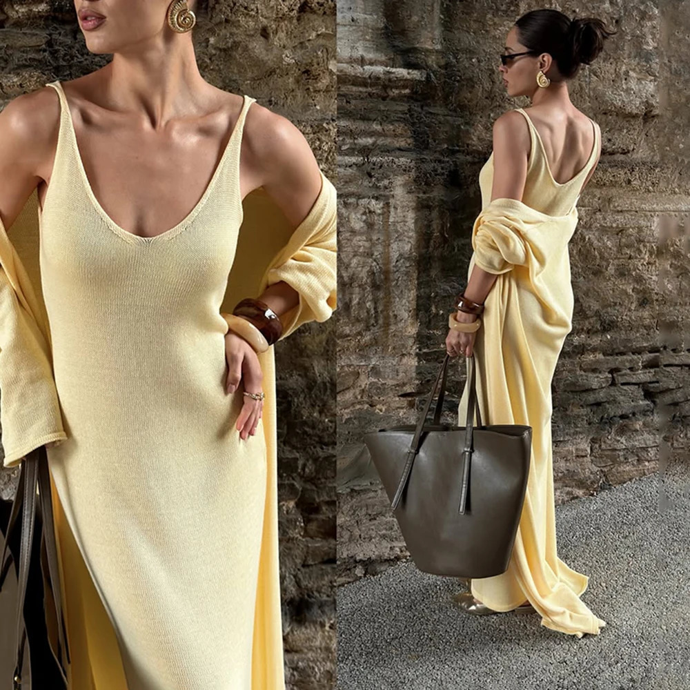 Tuularose Women Long Dress 2 Piece Solid Knitted Spaghetti Strap Dress Long Sleeve Cardigan Set Casual Fashion Female Dress Set 250811