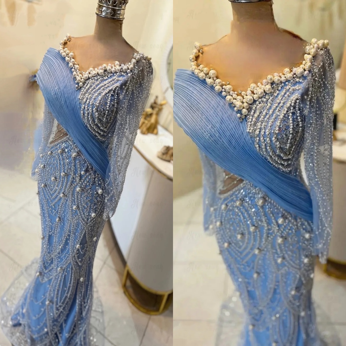Luxury Evening Dresses Pearls Sequins Gown Sweetheart Neck Long Sleeves Sweep Train Dress Party Customized Dress