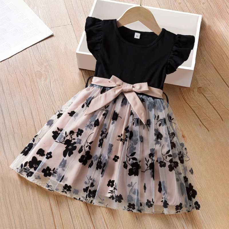 Black Rose Flower Dress for Girls from 3 to 8 Years Summer Casual Girl Clothes with Ruffles Tulle Elegant Princess Birthday Party Dress W250811