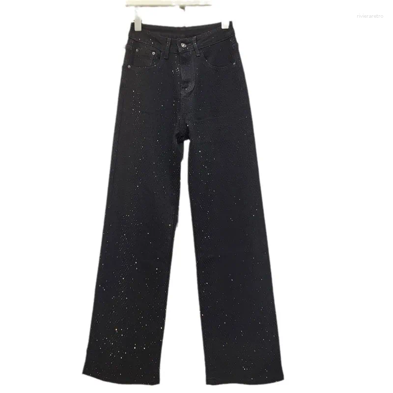 Women's Jeans 2025 Fashion Summer High Waist Single Sided Full Rhinestone Black Straight Wide Leg Denim Pants Z260313