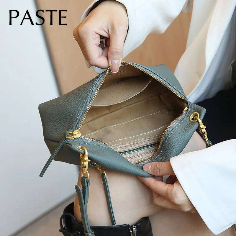 Female Genuine Leather Shoulder Bags Beige Black Color Full Cow Crossbody Functional Mobile Phone Bag Purse Small