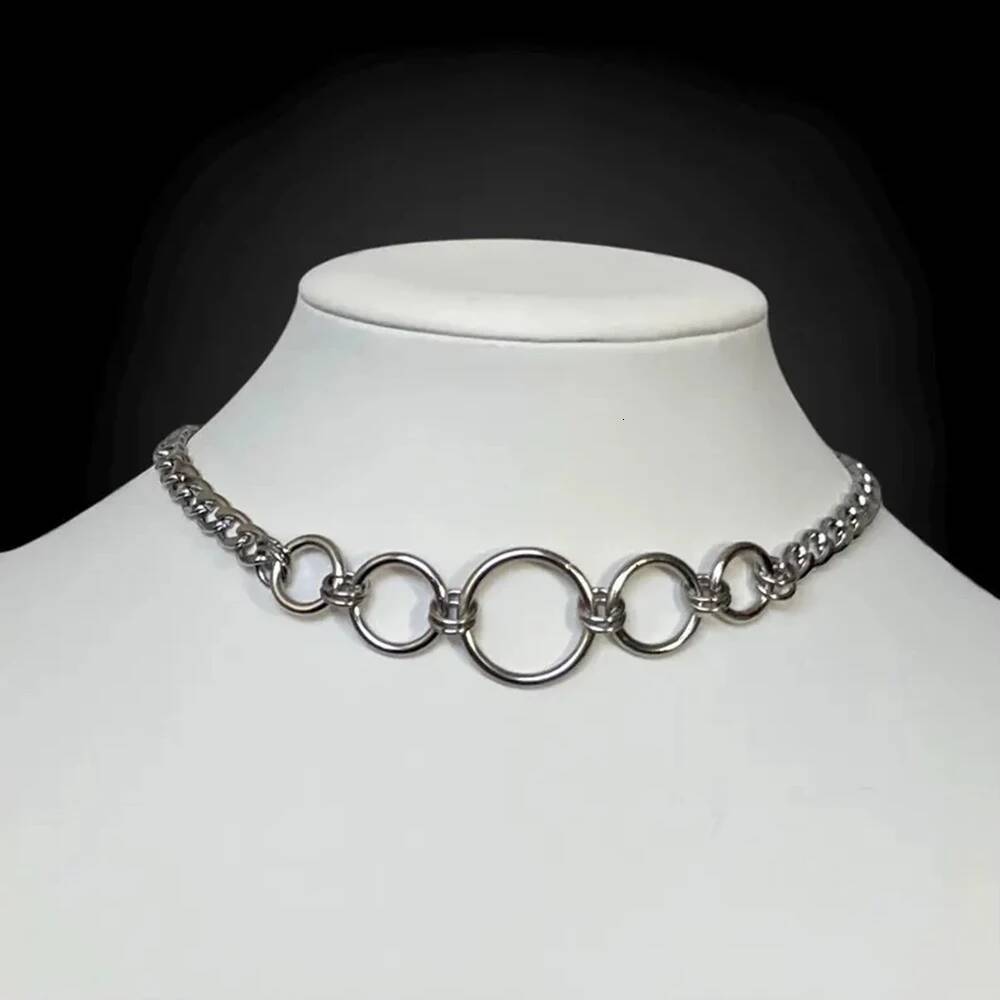 Goth Stainless Steel Curb Chain Circle Choker Necklace for Women Grunge Alternative Collar Adjustable Length