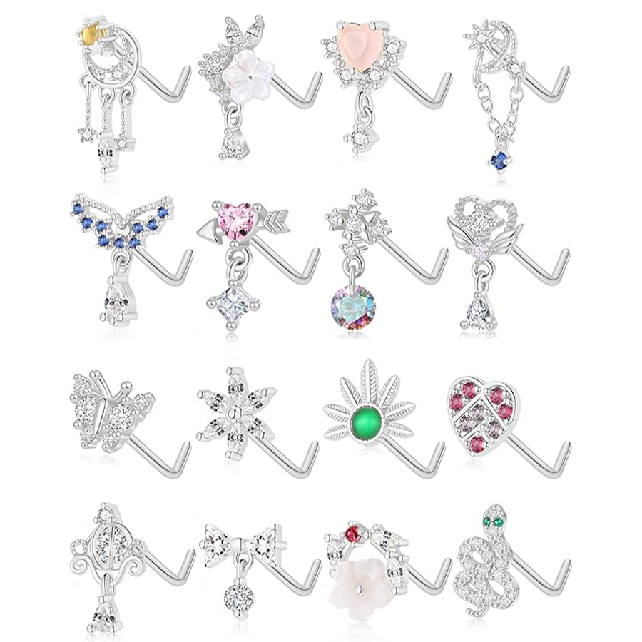 16Pcs 20G Nose Rings L Shaped Nose Studs for Women Stainless Steel Heart Snake Flower Bowknot CZ Butterfly Moon Dangle Nose Stud Ring Body Piercing Je
