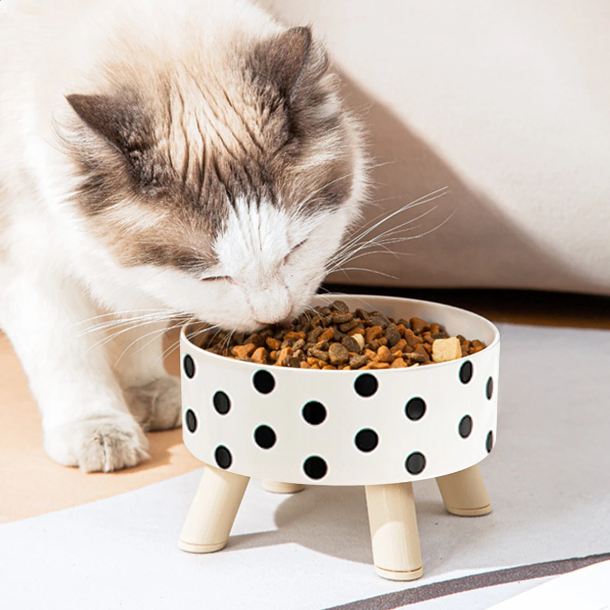 1PC Black And White Polka Dot Checkerboard Pattern Cat Bowl Small Dog Plastic PP Pet Universal For Cats Dogs 250811