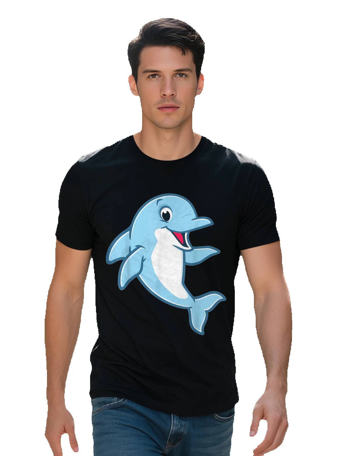 Men s Soft Cotton T Shirt Playful Blue Dolphin Graphic Short Sleeve Round Neck Lightweight Breathable b11cf 7797f