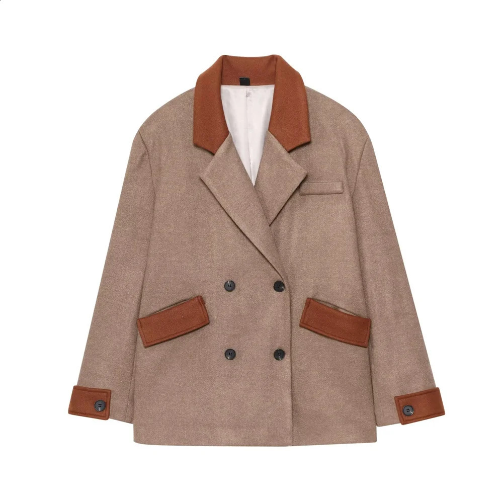 UNIZERA Womens Fashionable Loose and Versatile Style Double breasted Pocket Decoration Spliced Woolen Coat 250805