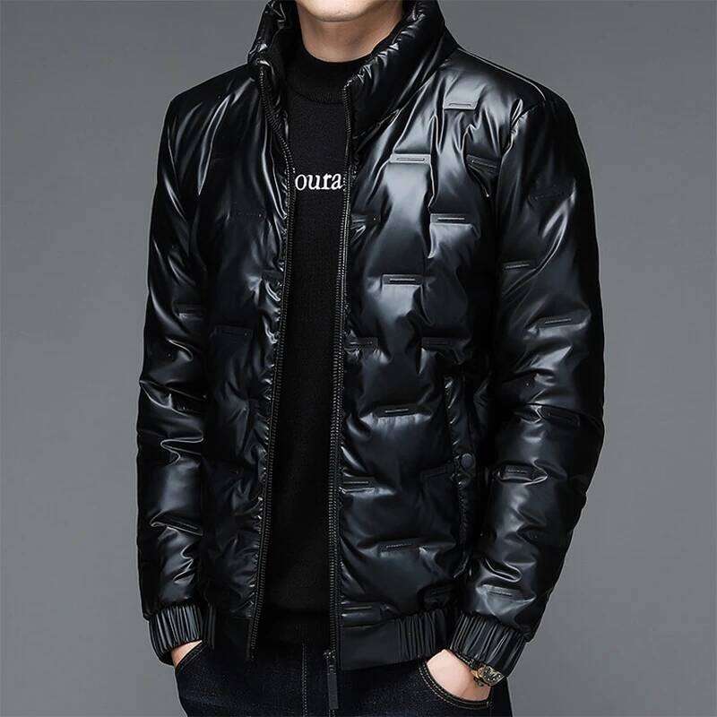 Winter new style Men's bright leather fashionable jacket Casual stand collar short men's white duck down feather