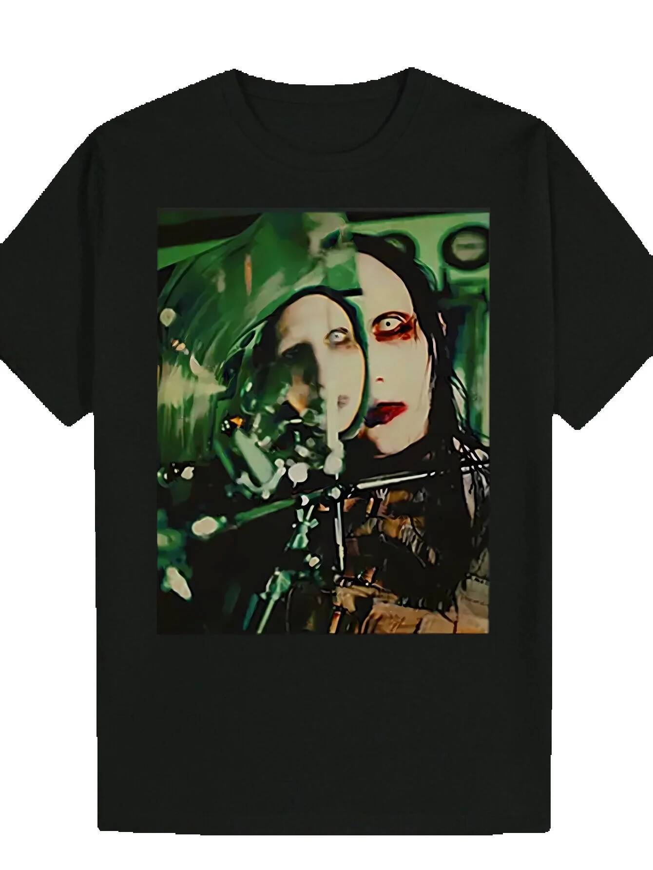 Men's Summer Crew Neck T-Shirt - Gothic Portrait Print, Polyester Fiber, Regular Fit, Black with Green White Design, Lightweight and Breathable, 