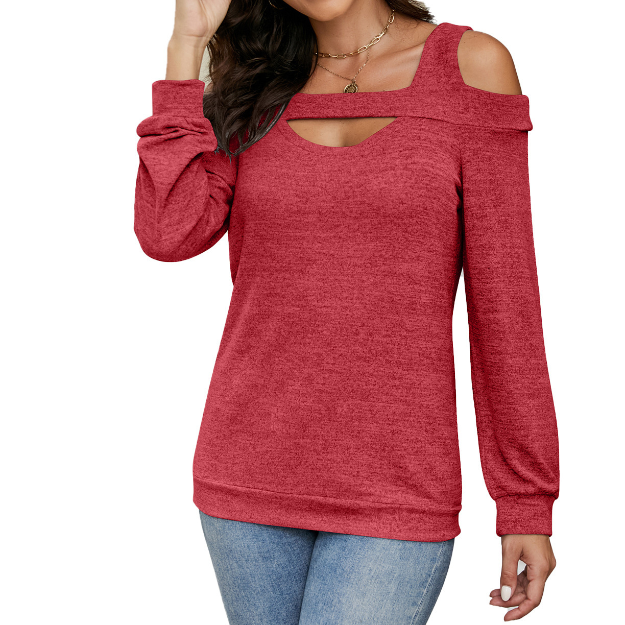 2025 Off-Shoulder Hollow Out Round Neck Solid Color Long Sleeve Loose Top Women's T-Shirt