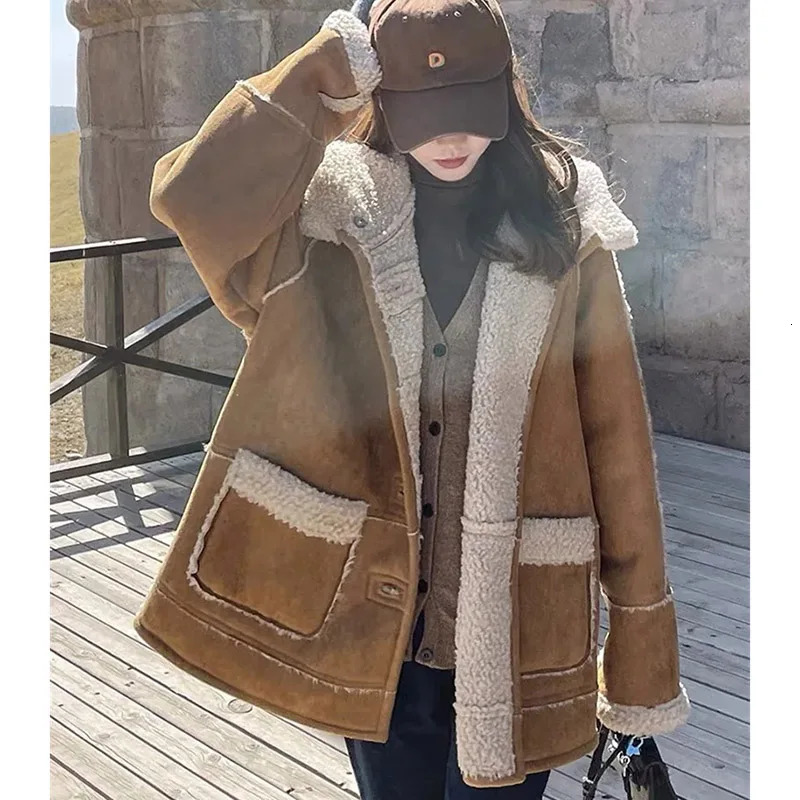 Winter Female Suede Velvet Lamb Wool Tops Ladies Medium Long Styles Hooded Jacket Women Sleeves Lntegrated Fur Leather Coat 250811