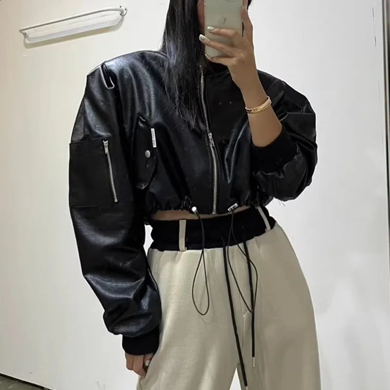 Korean Style Drawstring Loose PU Leather Cropped Jacket 2025 Autumn Winter Fashion Women Long Sleeved Motorcycle Short Coat 250811