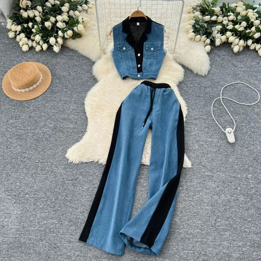 Jeans 2 Piece Set Women Streetwear Outfits Denim Vest Sleeveless Single Breasted Distressed Wide Leg Pants Casual Ensemble 250806