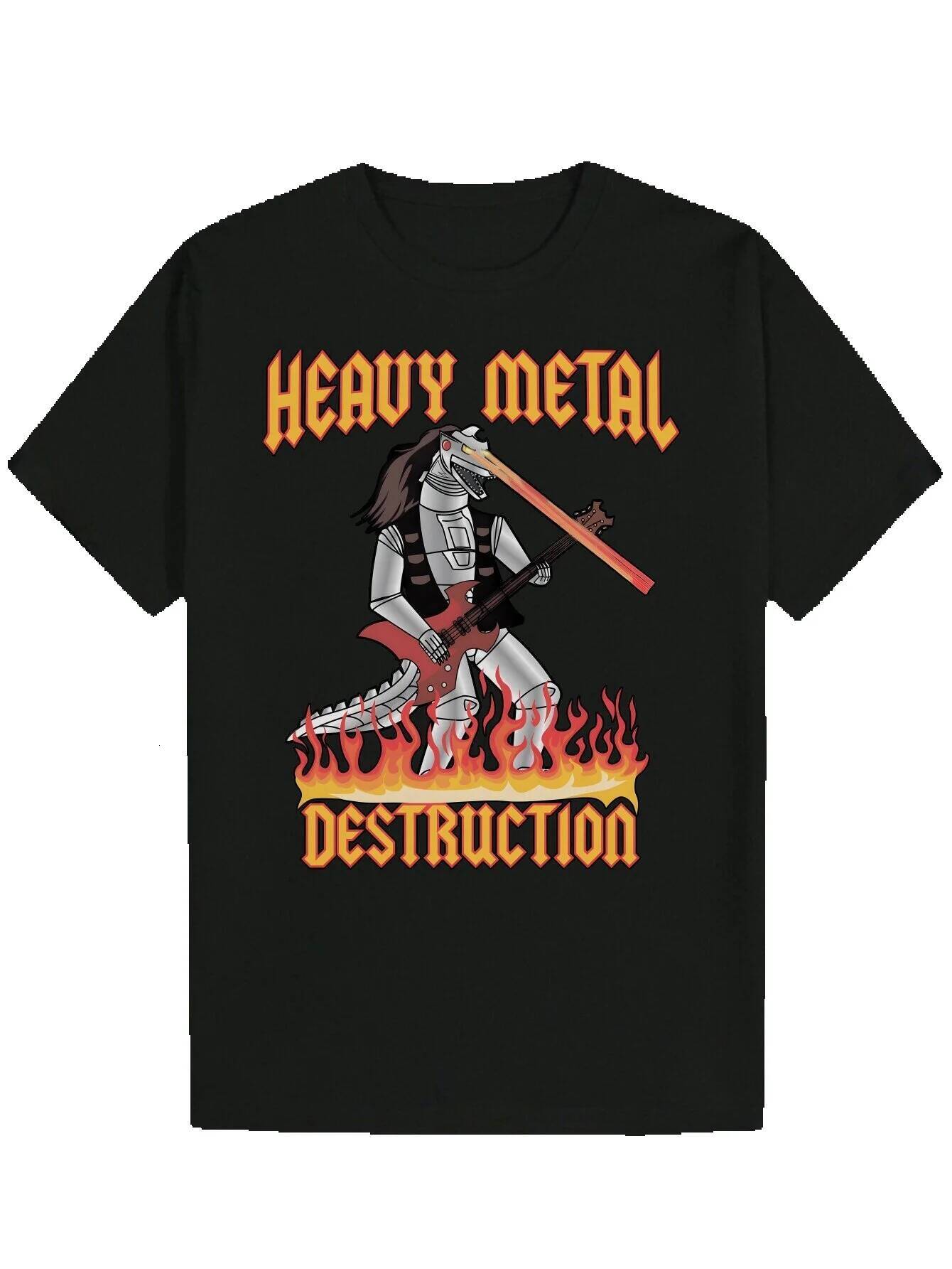 Men's Heavy Metal Distressed Graphic - Black Casual Crew Neck Polyester with Bold Red and Orange Print, Essential for Rock Music Fans in Summer, 