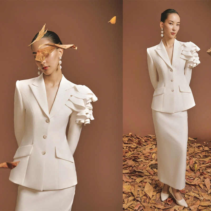 Elegant Women Skirts Suits 2 Pieces Customized Ruffles Long Sleeve Jacket Blazer Set Ladies Formal Wedding Guest Wear