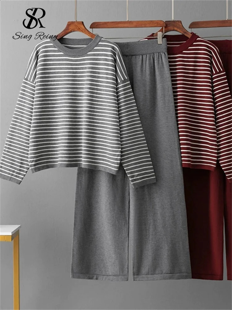 SINGREINY Fashion Loose Sweater Suits Female Full Sleeve Stripe TopsHigh Waist Long Pants Winter Korean Knitted Sets 250806