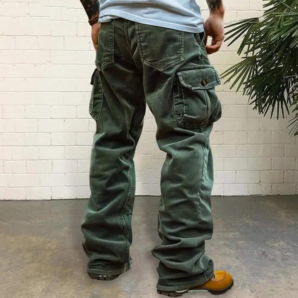 Men Cargo Pants Mid-rise Solid Color Corduroy Trousers with Multi Pockets Retro Style Casual Long Trousers Work Pants Man 250811