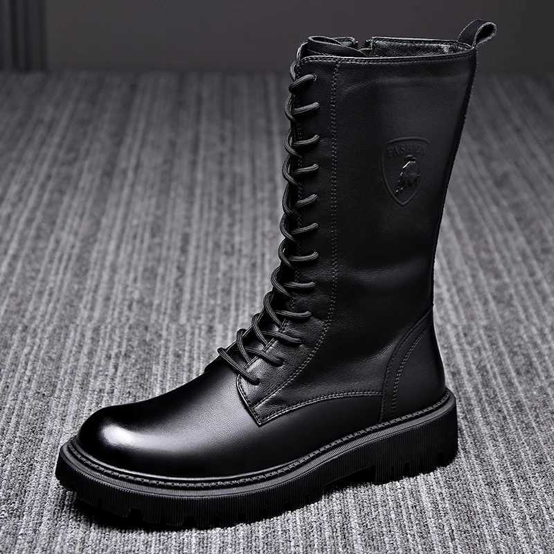 Winter Mens Riding Boots Genuine Leather Lace Up Extra Long Mongolian High Top Soft Plush Ankle Boots Denim Knight Motorcycle W250811