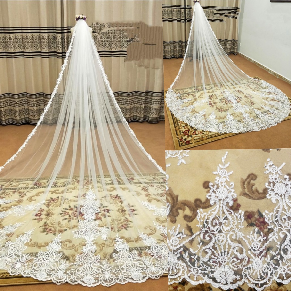 Elegant One Layer Cathedral Length Wedding Veils Lace Edge Bridal Veils with Comb Appliqued Marriage Accessories