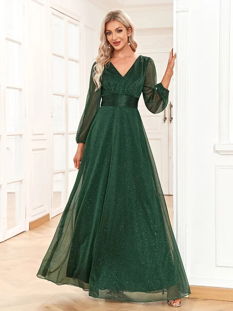 Womens Elegant V Neck Shiny Chiffon Evening Gown A Line Long Sleeve Wedding Bridesmaid Dress Party Dresses Women 250811
