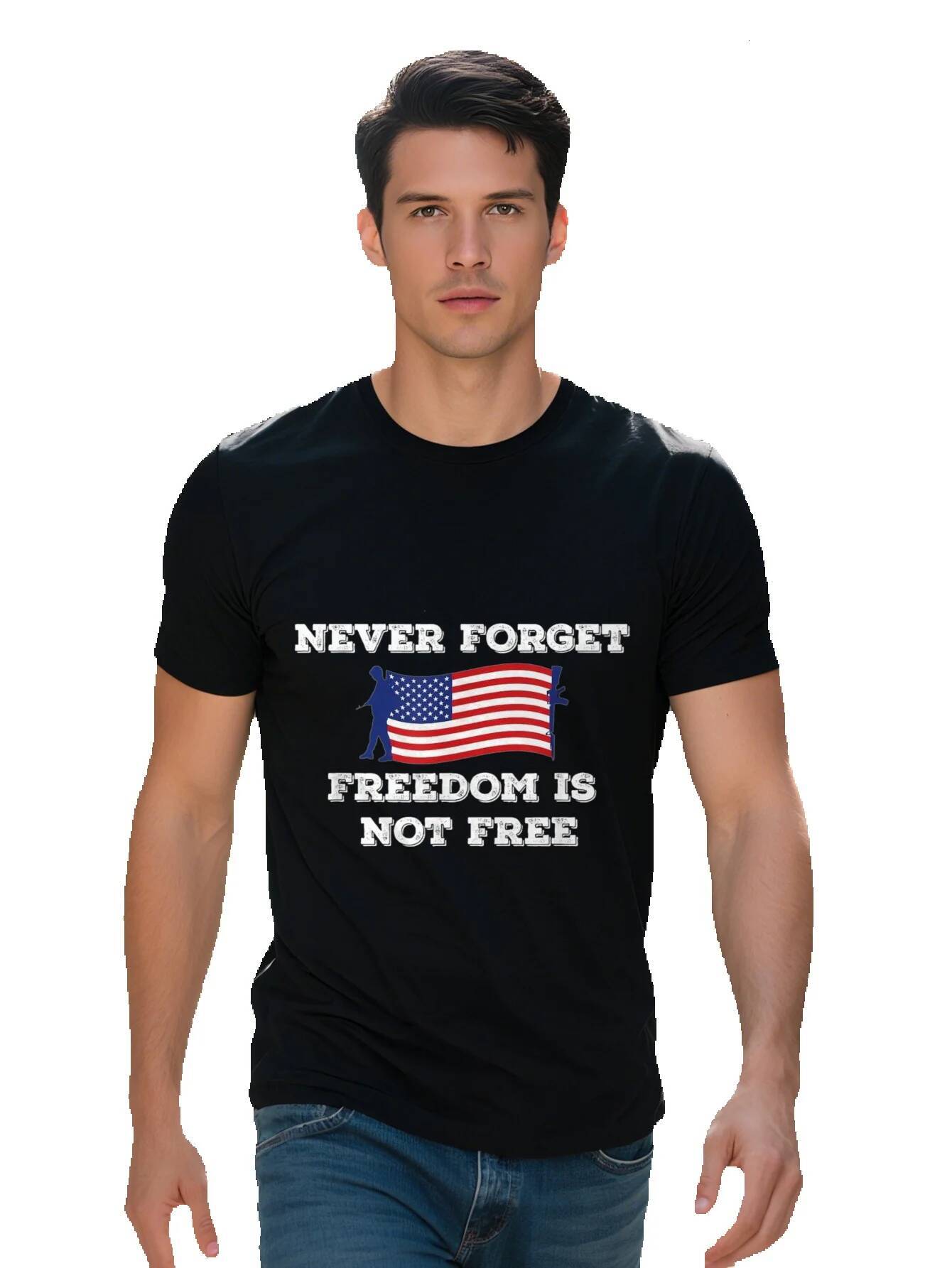 Men s Cotton T Shirt Never Forget Freedom Is Not Free Veterans Design with American Flag Dog Silhouette Casual e3ae4 49b5f