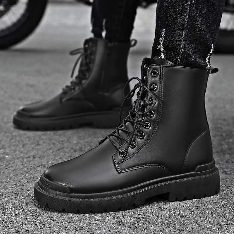 Black Mens Casual Leather Boots Fashion Winter Men Work Boot Mens Shoes Non-slip Designer High Top Ankle Boots Motorcycle Shoes W250811