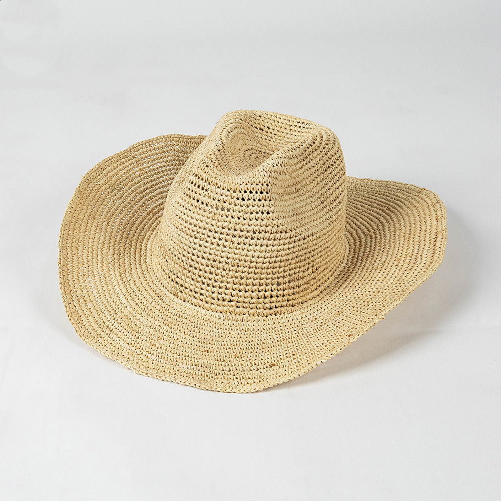 Hand-woven Crochet Natural Raffia Sun Hat Summer Simple Western Cowboy Hats with Curled Brim Beach Sun Protection Straw Hats 250312
