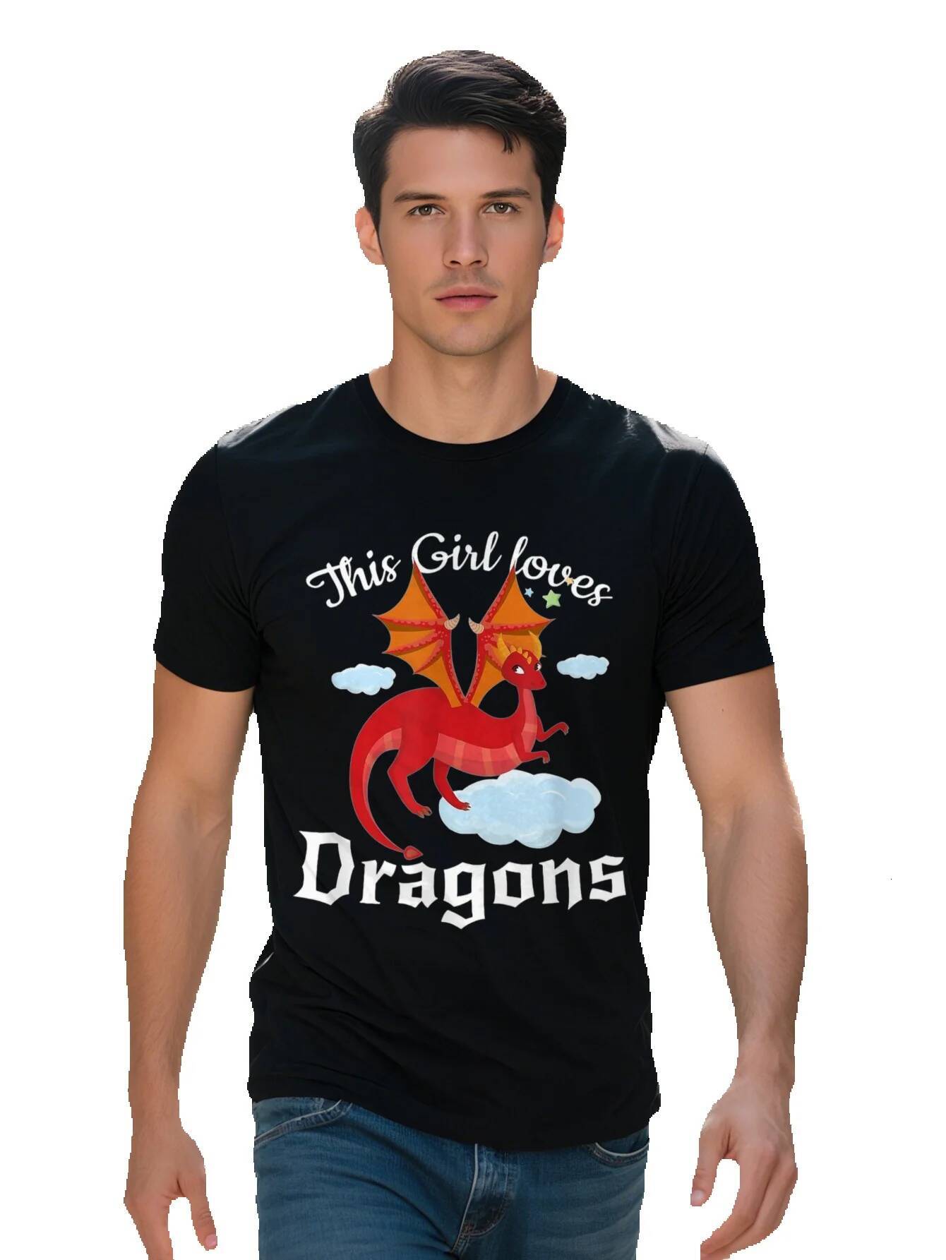 Men s Cotton T Shirt This Girl Loves Dragons Fun Graphic Tee with Red Cloud Design Casual Round Neck Short e9fca