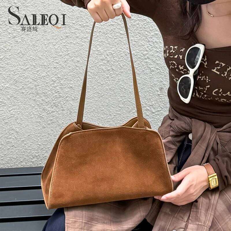 Women's Designer Brand Clip Tote Matte Suede Leather Geuine Grade Nubuckcowhide Female Armpit Shoulder Bag High-end New
