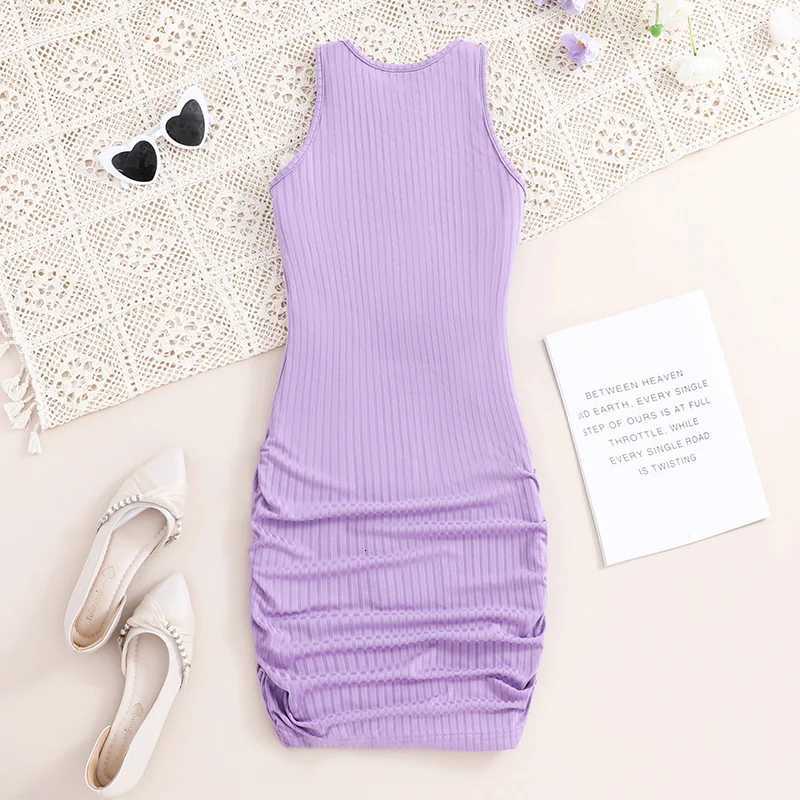 2024 Summer Girls Purple Sleeveless Vest Dress Preppy Style Outfits Holiday Vacation Party Daily Casual Cute Sporty Style W250811