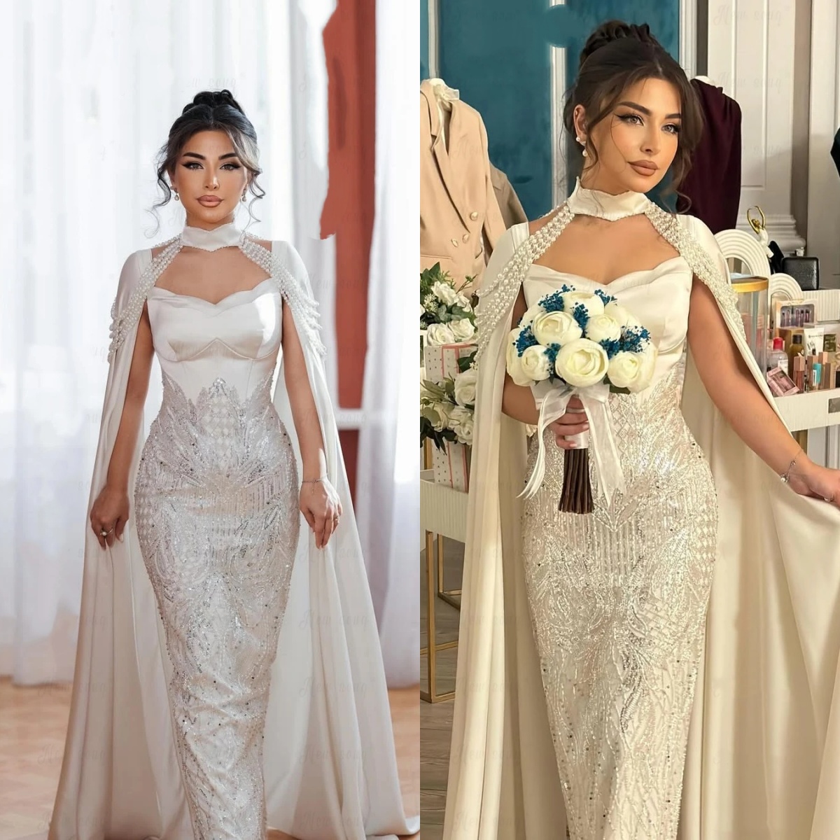 Elegant A Line Women Wedding Dress Halter Sleeveless Wrap Bridal Gowns Pearls Sequins Sweep Train Dress Customized vestidos de novia