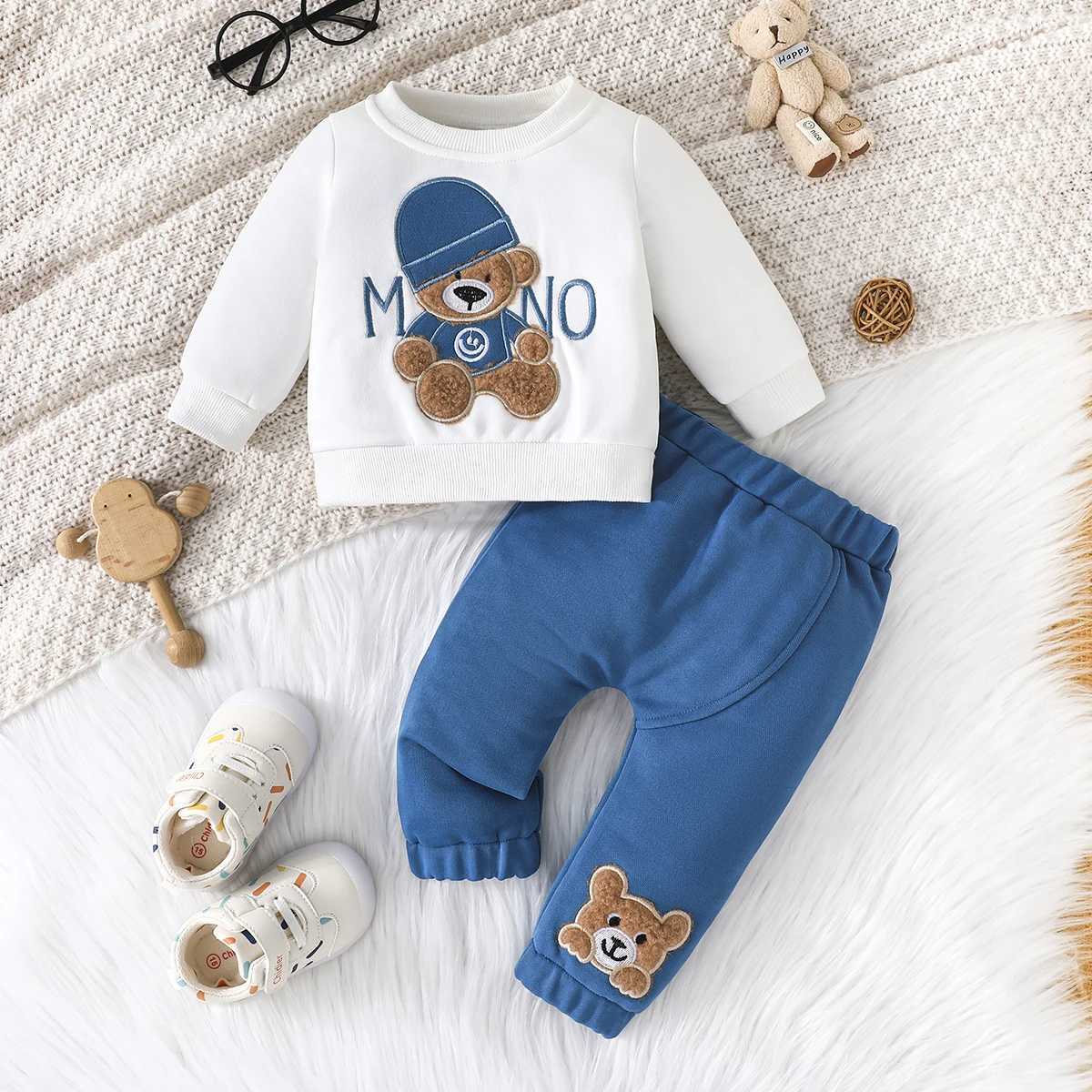 3-24 Months Casual Bear Long Sleeve Tee and Navy Pants Outfit Toddler Infant Clothing Set Kids Wear Z250811