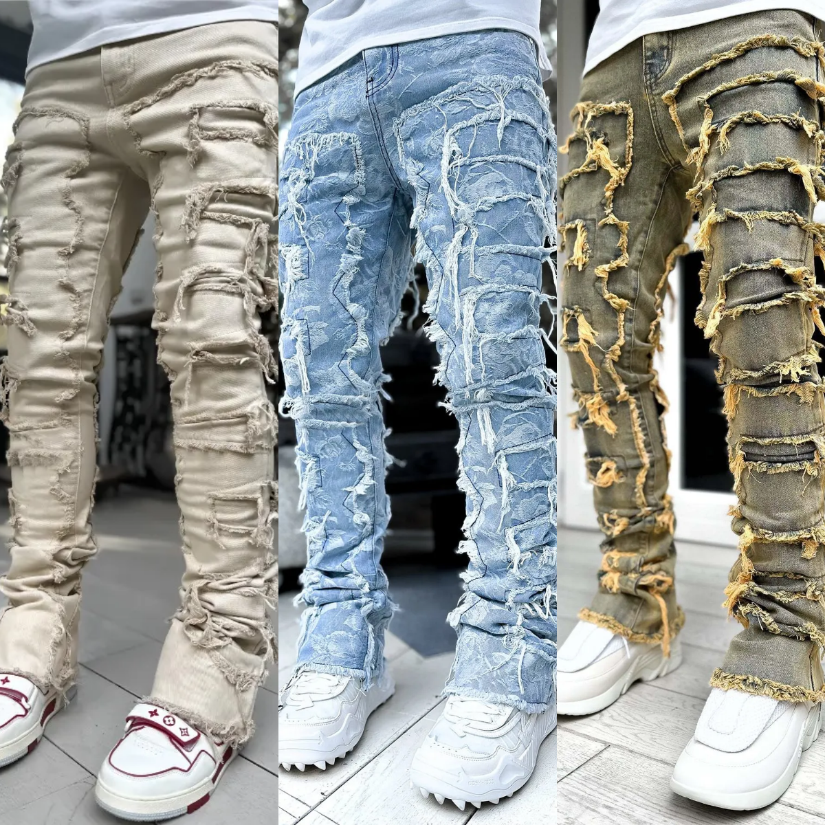 Designer Men's Stacked Jeans Denim Jean Regular Fit Patch Distressed Destroyed Straight Clothes Casual Pants Streetwear Style