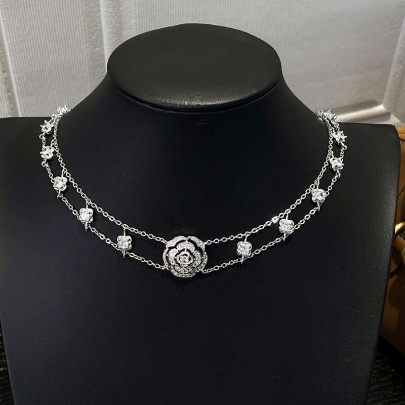 Style Heavy Craft Full Dia Hollow High-Quality Zircon Double Layer Camellia Collarbone Chain High Color Retention Necklace