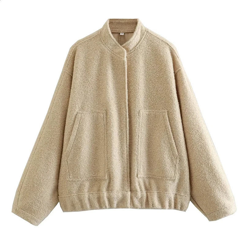 BKLD Casual Fashion Style Womens Pink Fleece Thick Warm Jackets Simple Elegant Stand Collar Long Sleeve Pockets Loose Fit Coats 250805