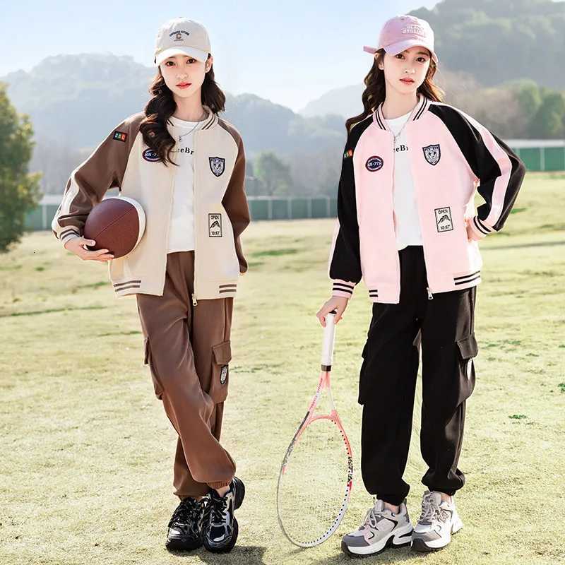 Spring and Autumn Leisure Childrens Sets Girls Solid Color Patchwork Sports Casual Zipper Jacket Cargo Pants Two Piece Set Z250811