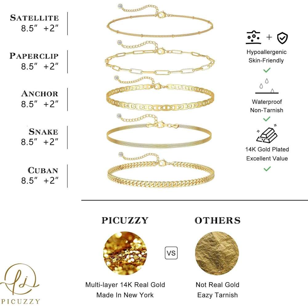 Anklets Women, 14K Gold Plated Waterproof Anklet Set Layer Beach Beaded Rope Cuban Ankle Bracelets Fashion Summer Foot Jewelry Gift for Women Teen Gir